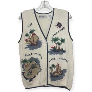 White Stag Collection Nautical Knit Sweater Vest Island Sailboat Coastal Theme L